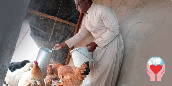 Sacerdote nutre i polli nell'allevamento